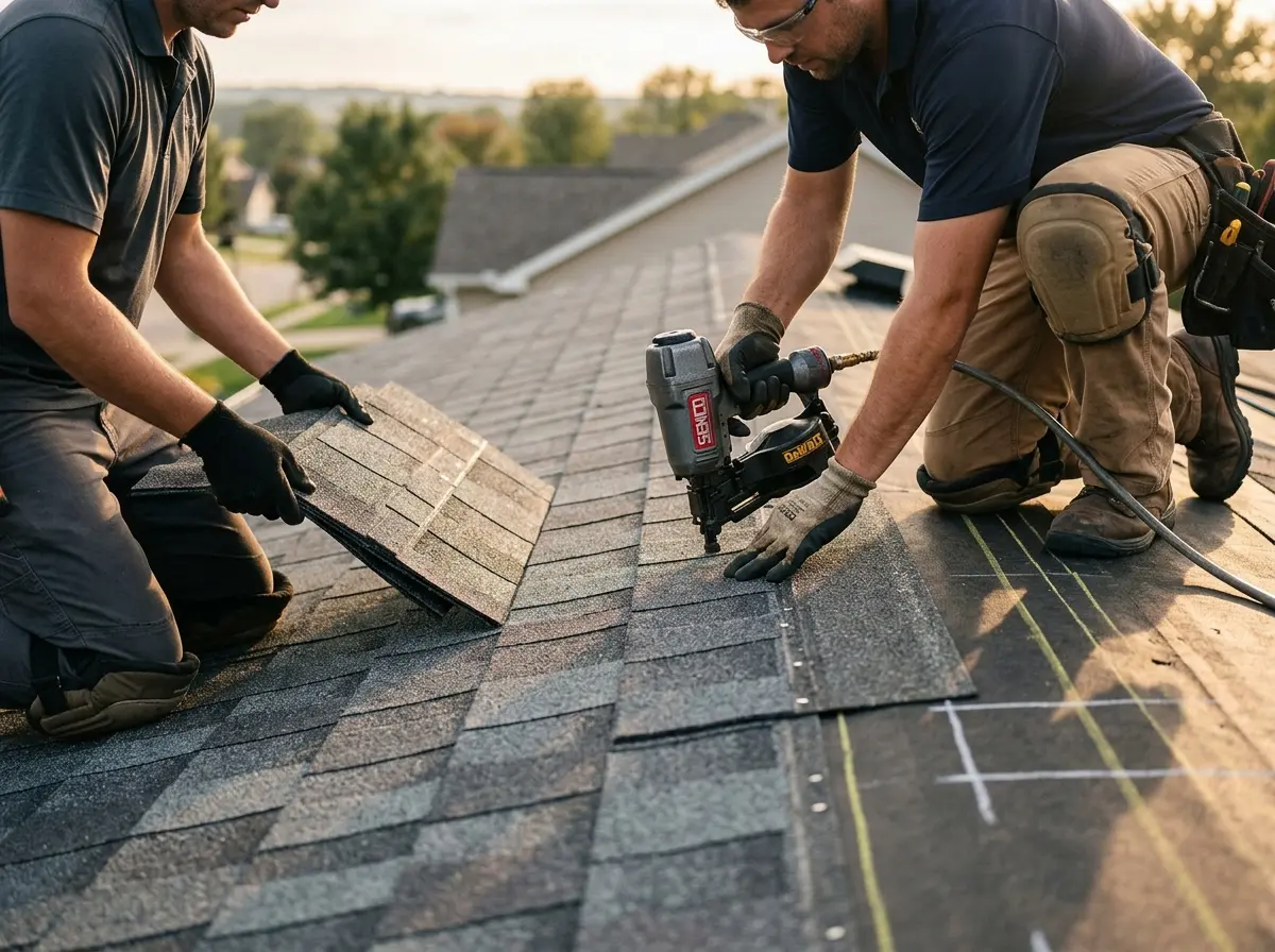 Professional roofer working on a residential roof in Hardyston